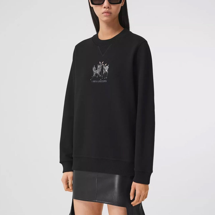 (WMNS) Burberry SS21 Pattern Embroidered Cotton Loose Sports Hoodie Black 80428831 - 4