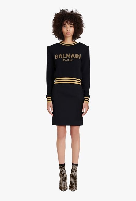 Cropped black wool sweatshirt with gold Balmain logo - 4