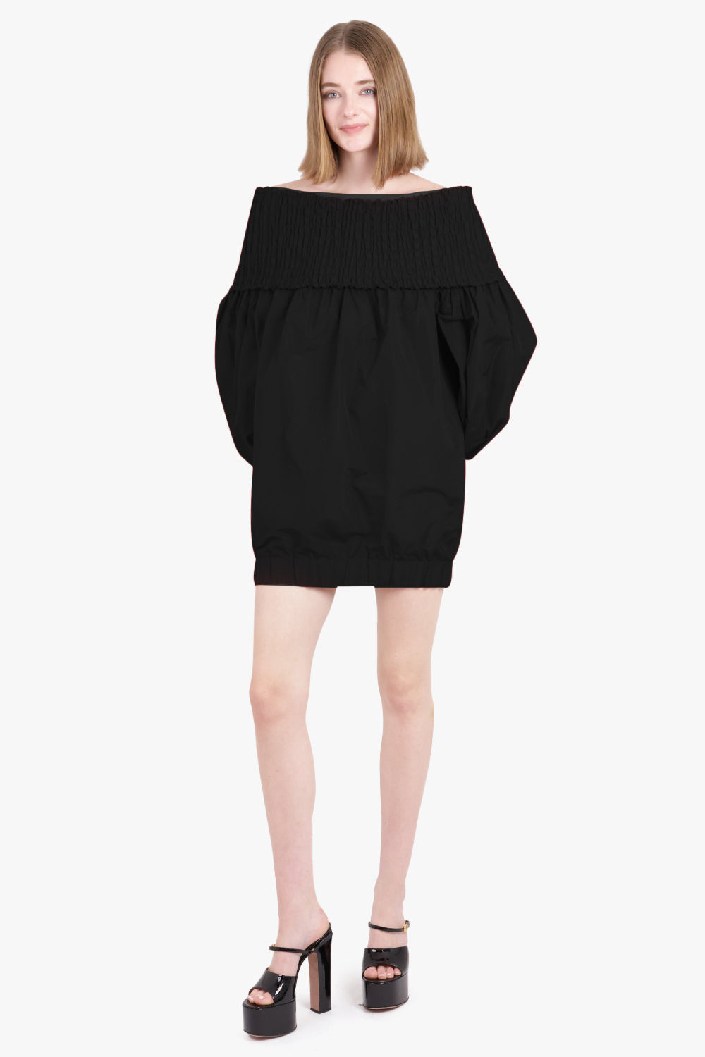 OFF-THE-SHOULDER SMOCK MINI DRESS IN ECO-FRIENDLY FAILLE | BLACK - 2