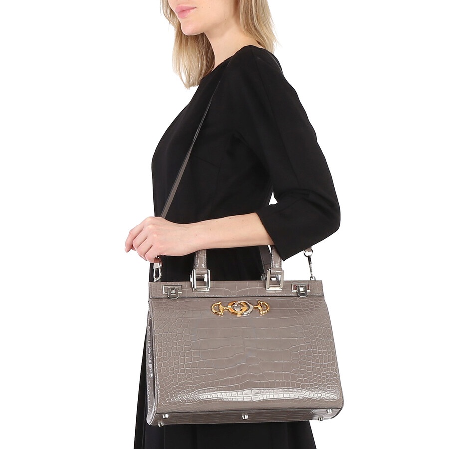 Gucci Grey Zumi Medium Top Handle Bag In Crocodile Effect - 3