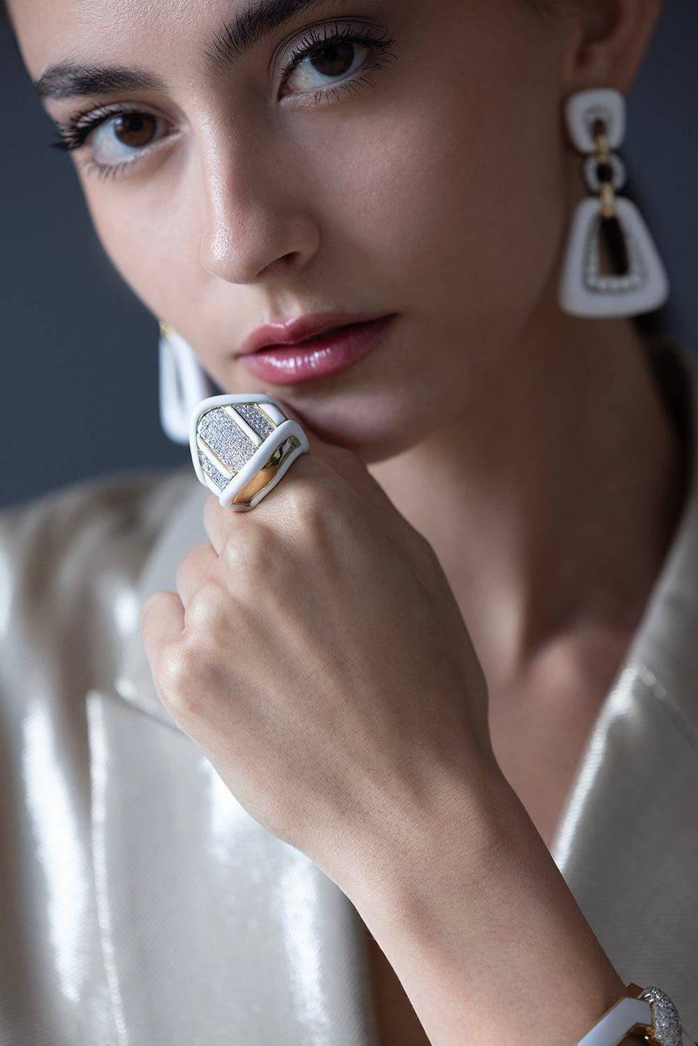 White Enamel and Diamond Ring - 3