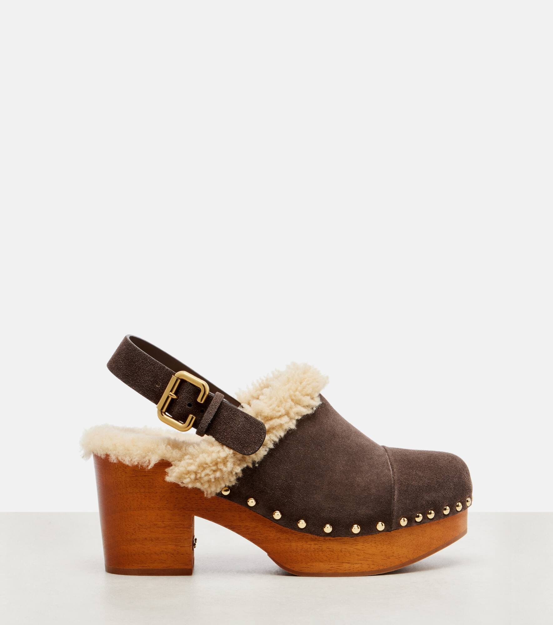 Jeannette shearling-trimmed suede wedge clogs - 4