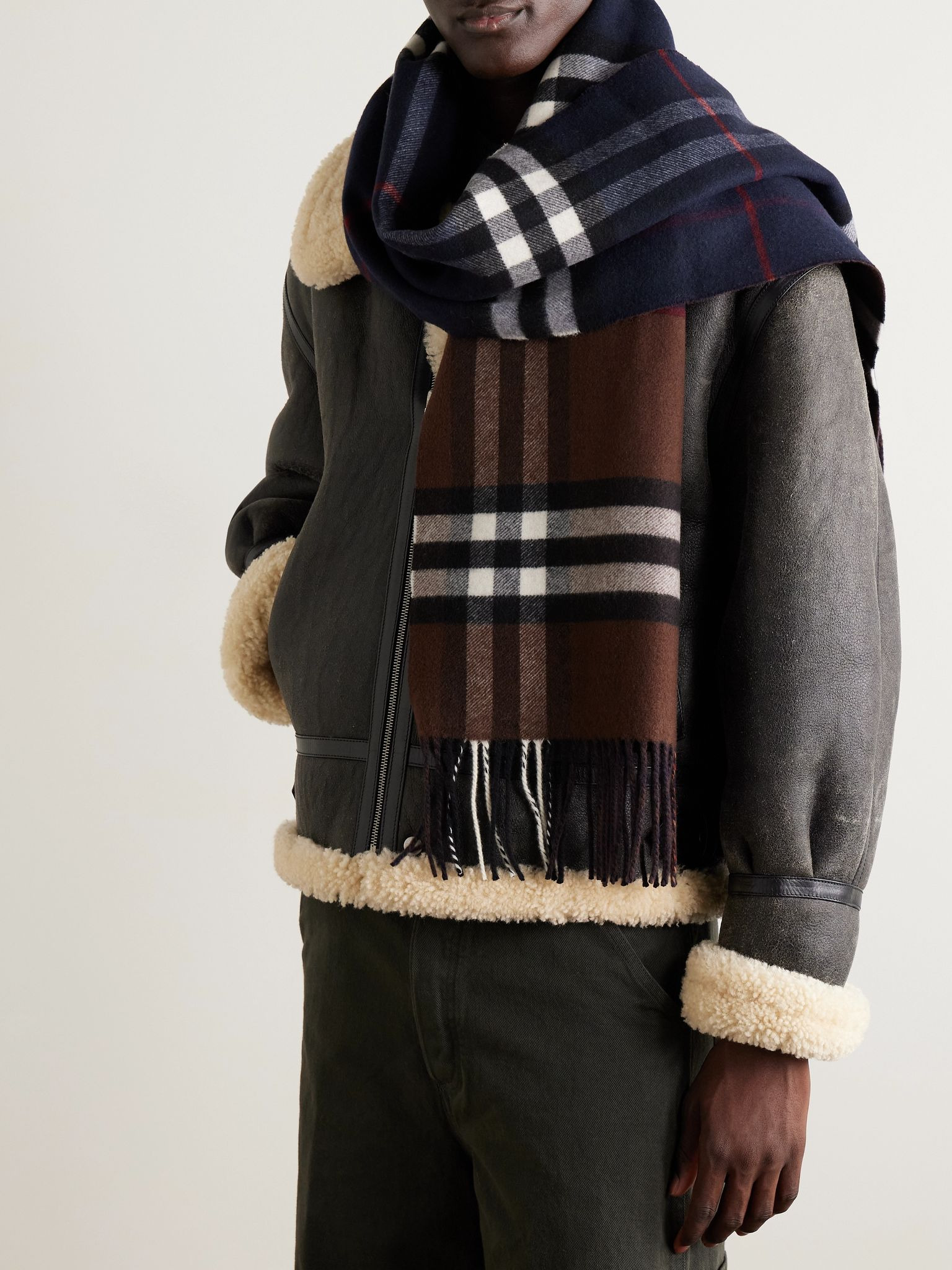 Fringed checked cashmere scarf Navy - 2