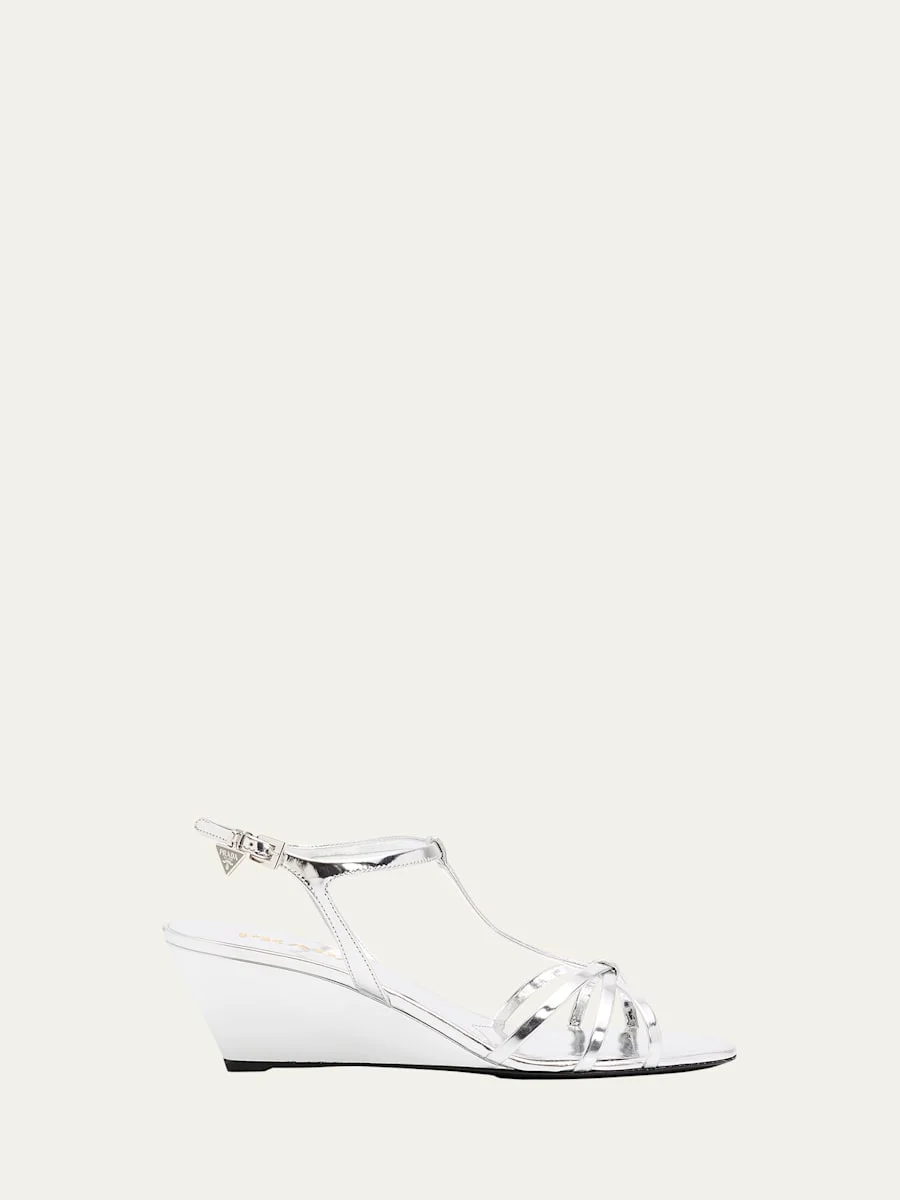 55mm Metallic Leather Wedge Sandals - 1