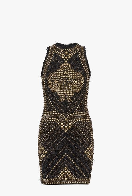 Short black tweed dress with embroidered gold-tone studs - 1