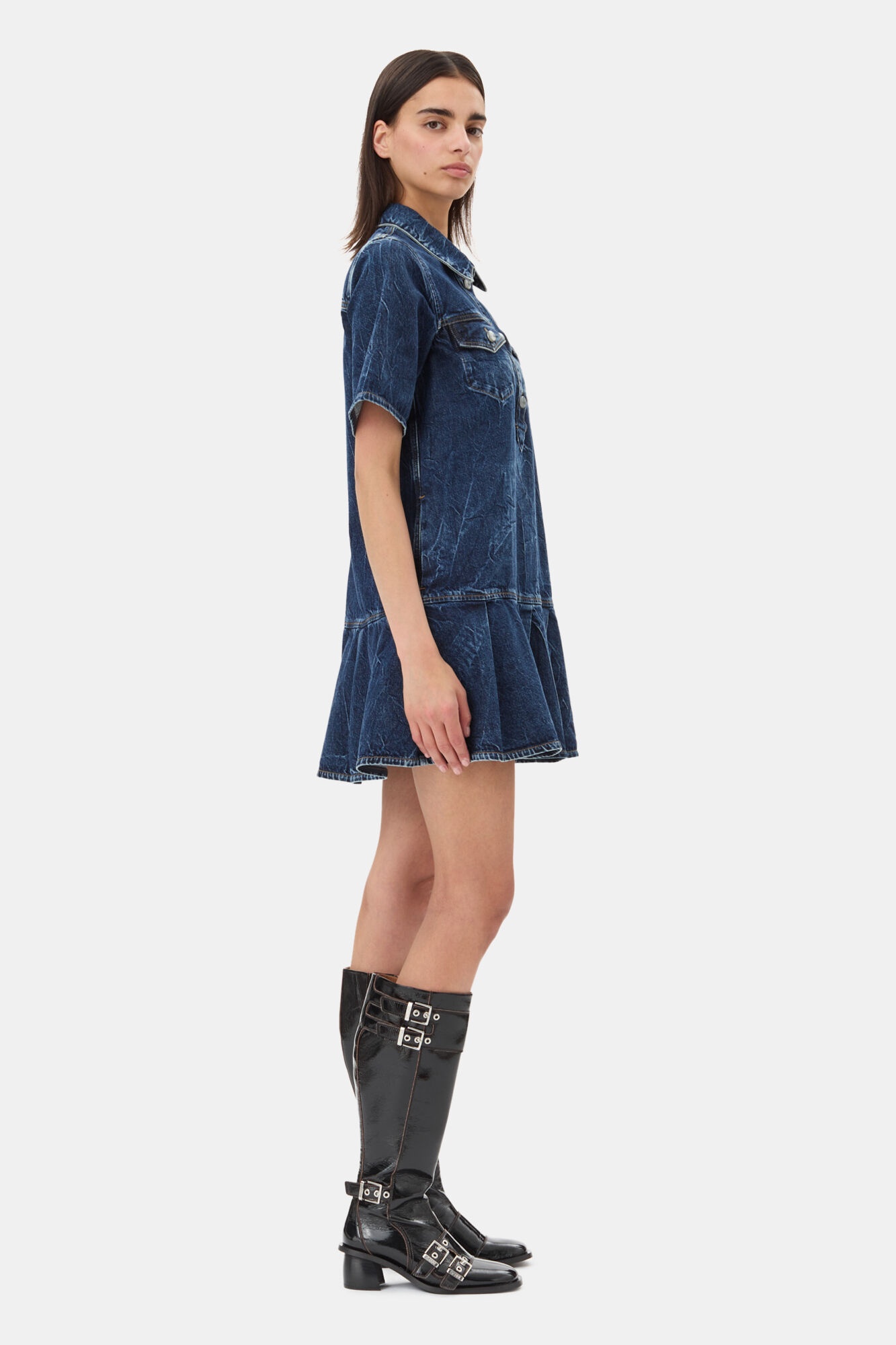 DENIM BLUE CRINKLED FUTURE MINI DRESS - 4