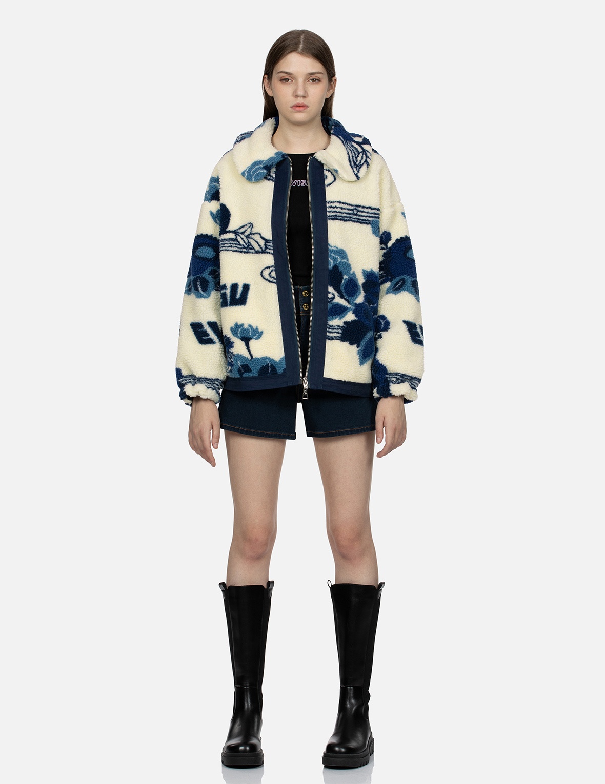 TONAL FLORAL JACQUARD DROP-SHOULDER ZIPPED SHERPA JACKET - 5
