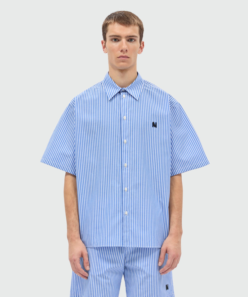 MSGM Light blue striped cotton poplin short-sleeve shirt with classic collar and front patch outlook