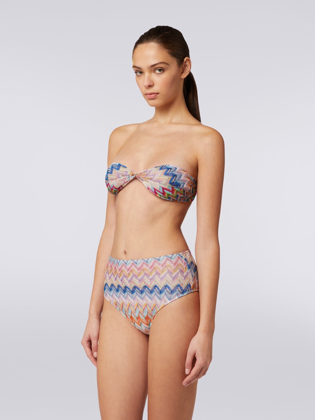 Viscose and lurex bikini with torchon top and high briefs - 3