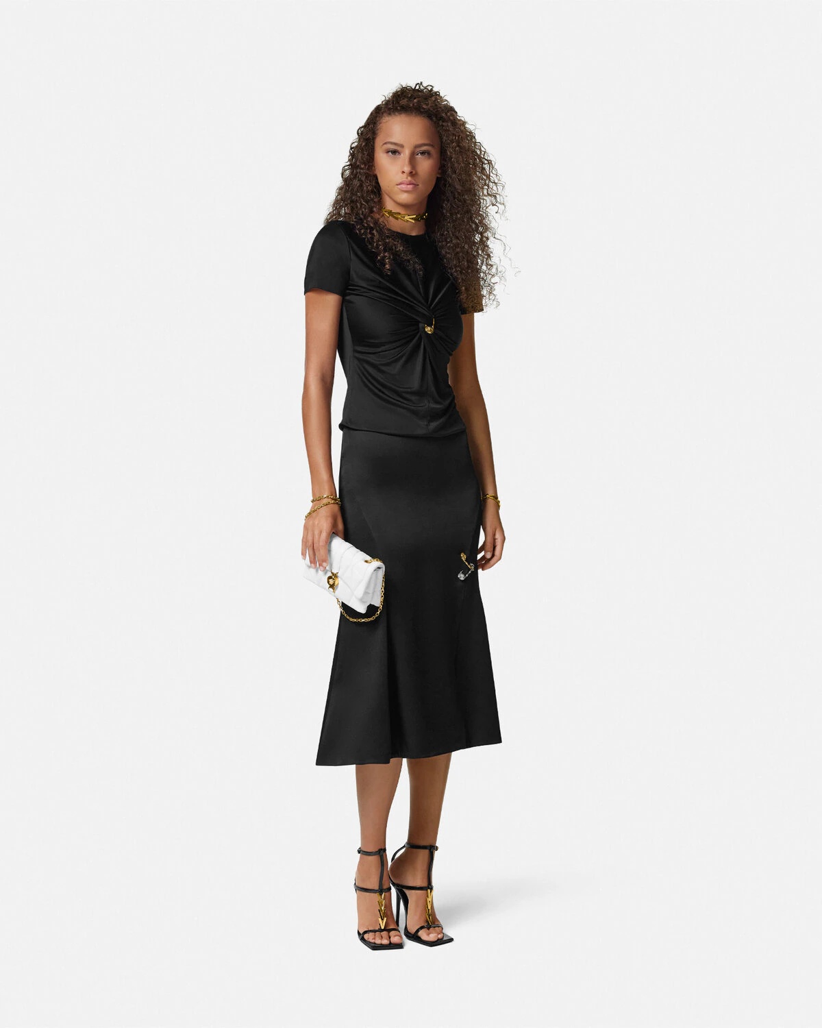 Safety Pin Flowy Satin Midi Skirt - 2