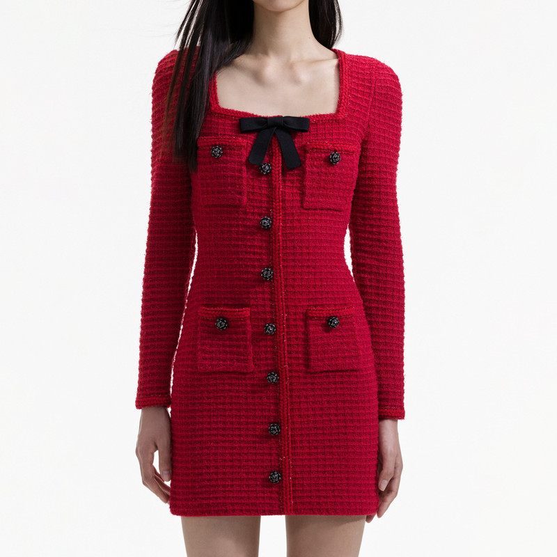 self-portrait Red Knit Bow Round Neck Mini Dress - RS24-912S-R | REVERSIBLE