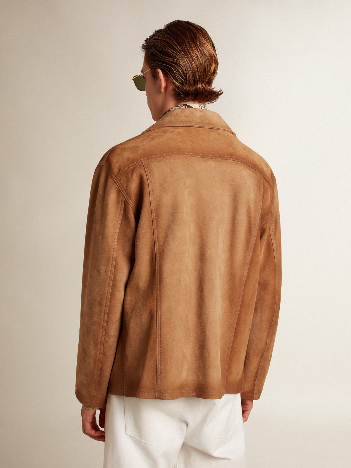 Sand-colored leather jacket with patches and zip fastening - 4