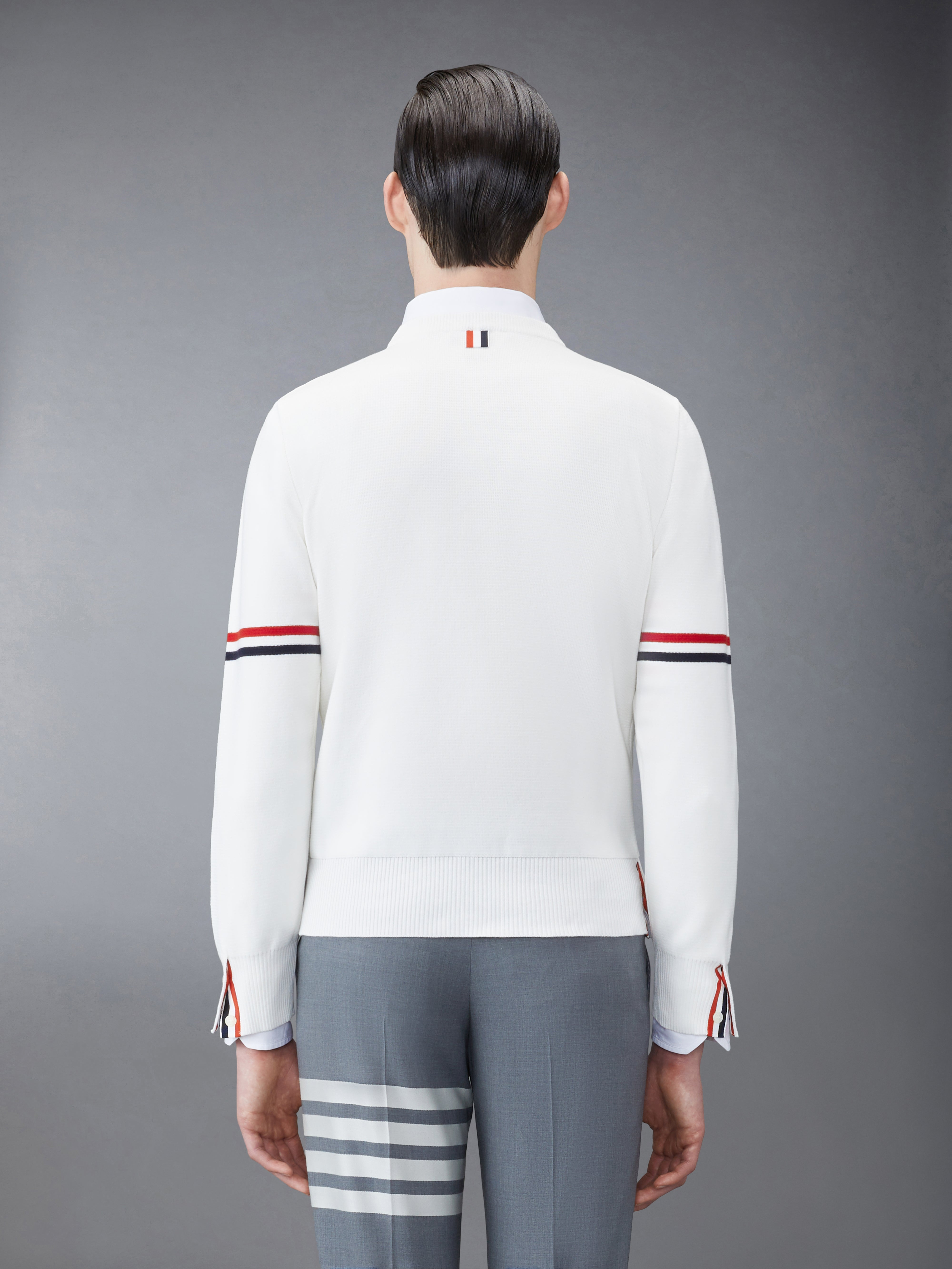 White Cotton Milano Stitch Stripe Armband Crewneck Pullover - 2