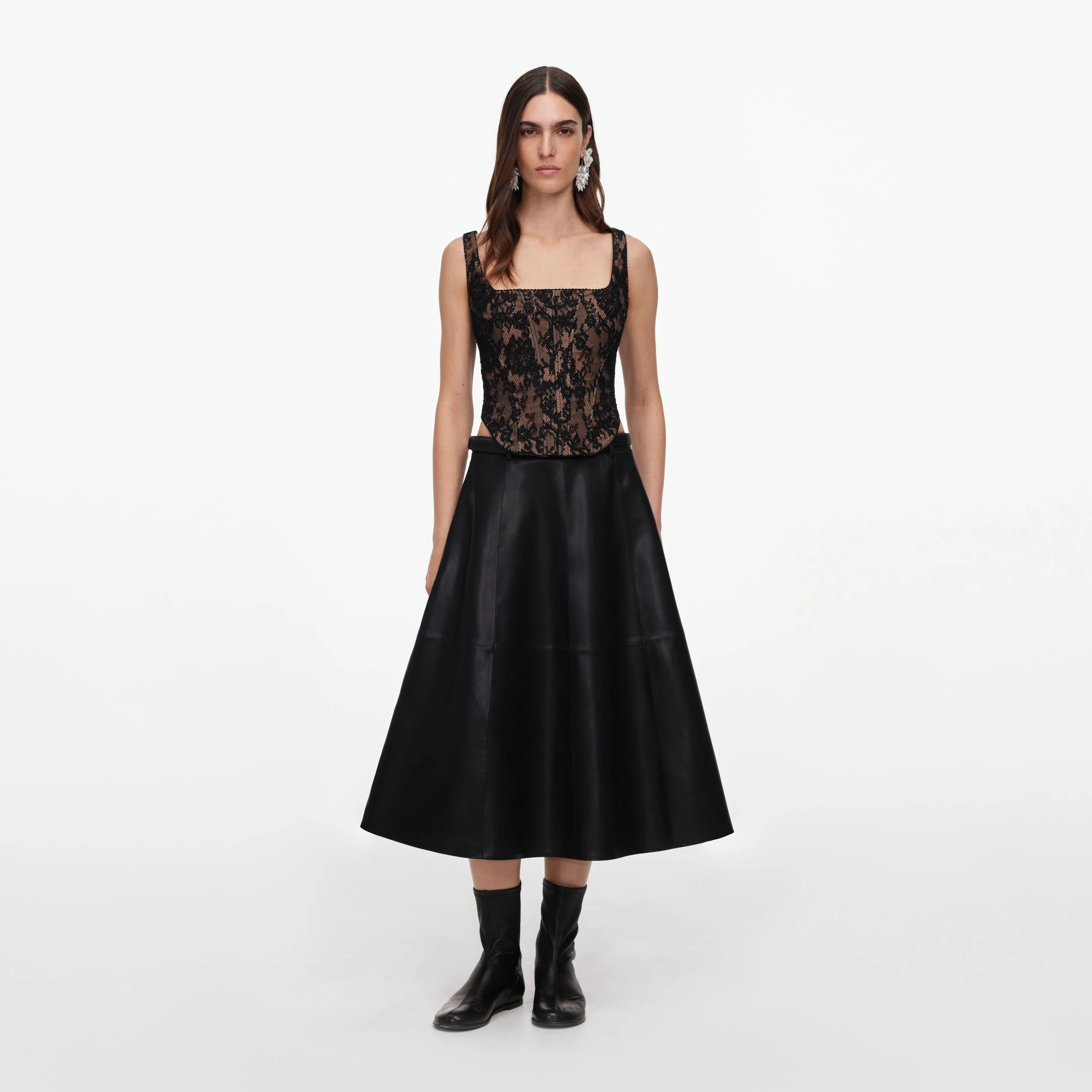 Black Faux Leather Midi Skirt - 1