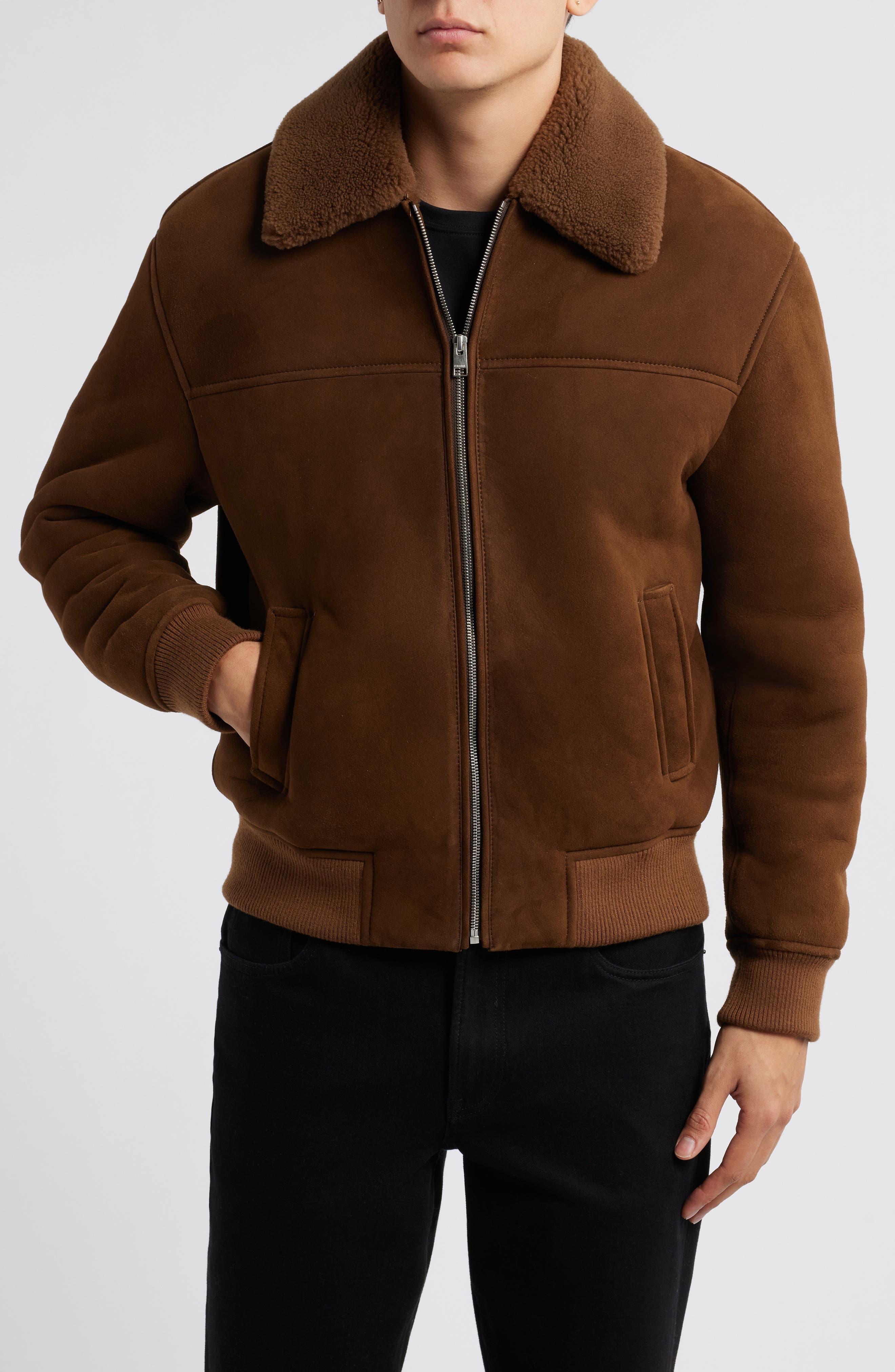 FRAME Suede & Genuine Shearling Bomber Jacket in Dark Camel at Nordstrom - 4