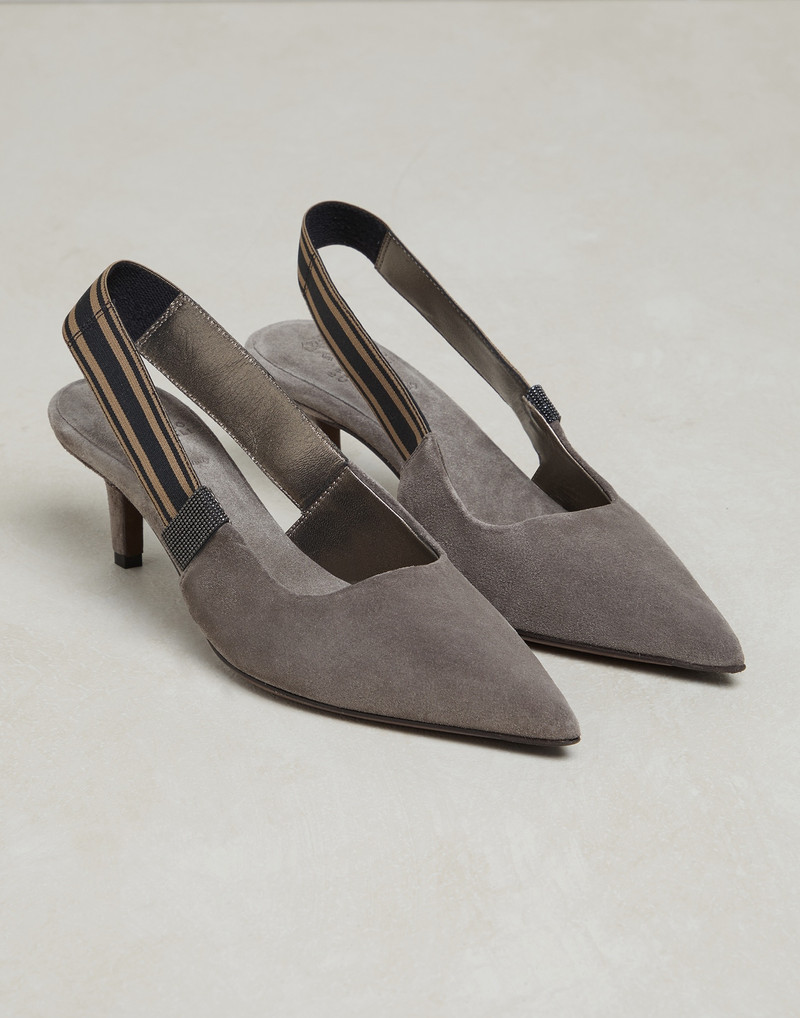 Brunello Cucinelli Suede heels with striped strap and monili outlook