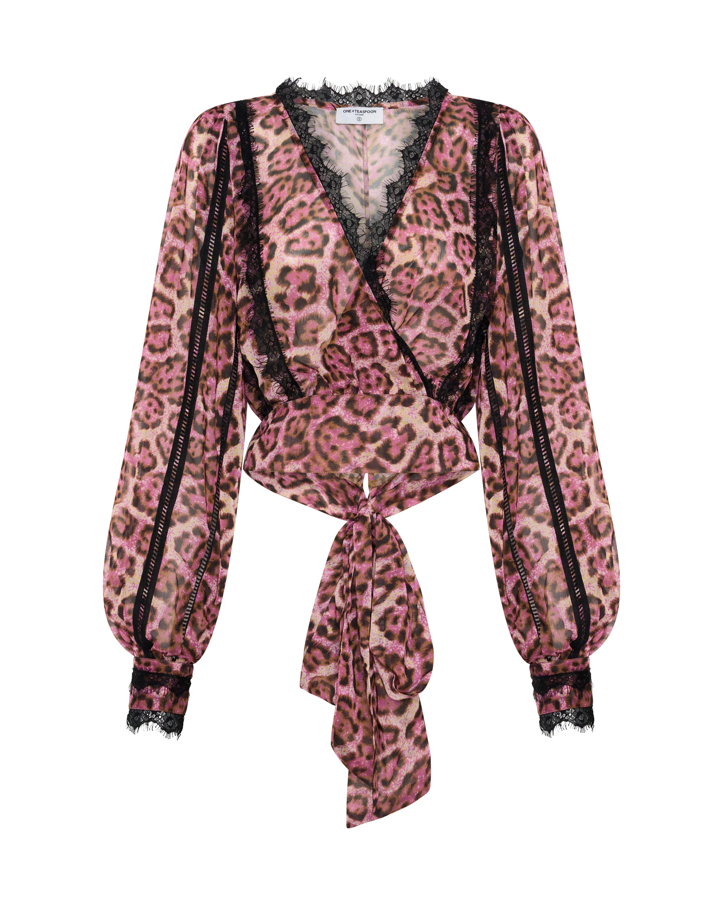Songbird Sheer Balloon Sleeve Tie-Up Blouse - Pink Leopard - 1