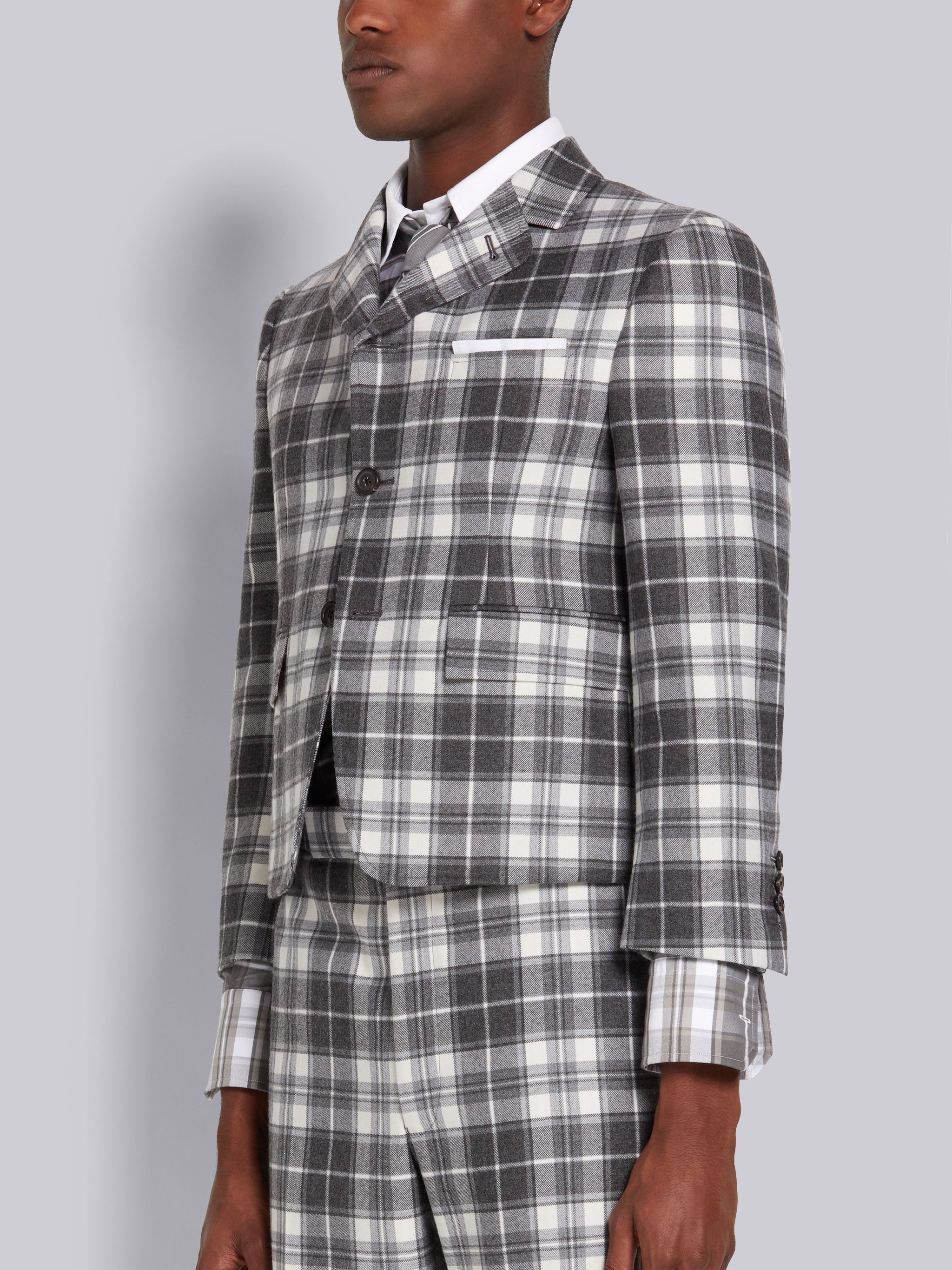 Medium Grey Tartan Check Wool Flannel Suiting Round Collar High Break Sport Coat - 2