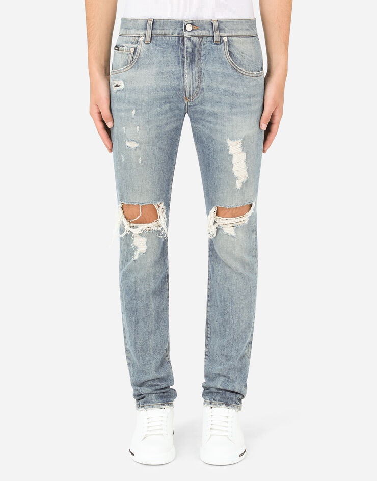 Blue wash skinny stretch jeans with rips - 1