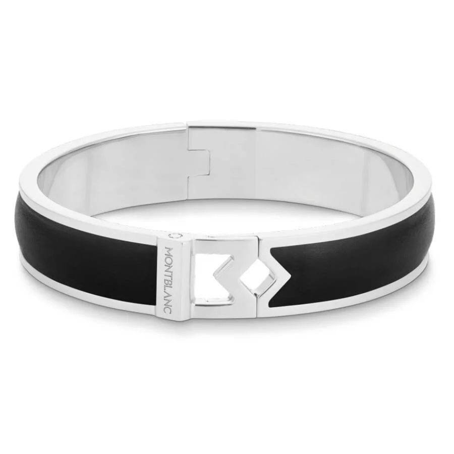 Montblanc Rigid Steel Bracelet with Black Leather, Size L - 1