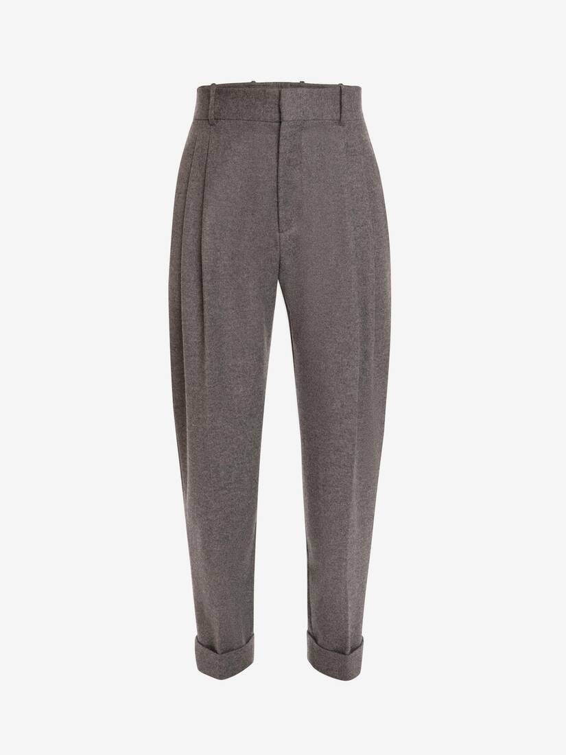 Wool Flannel Tailored Peg Trousers in Grey Melange - 1