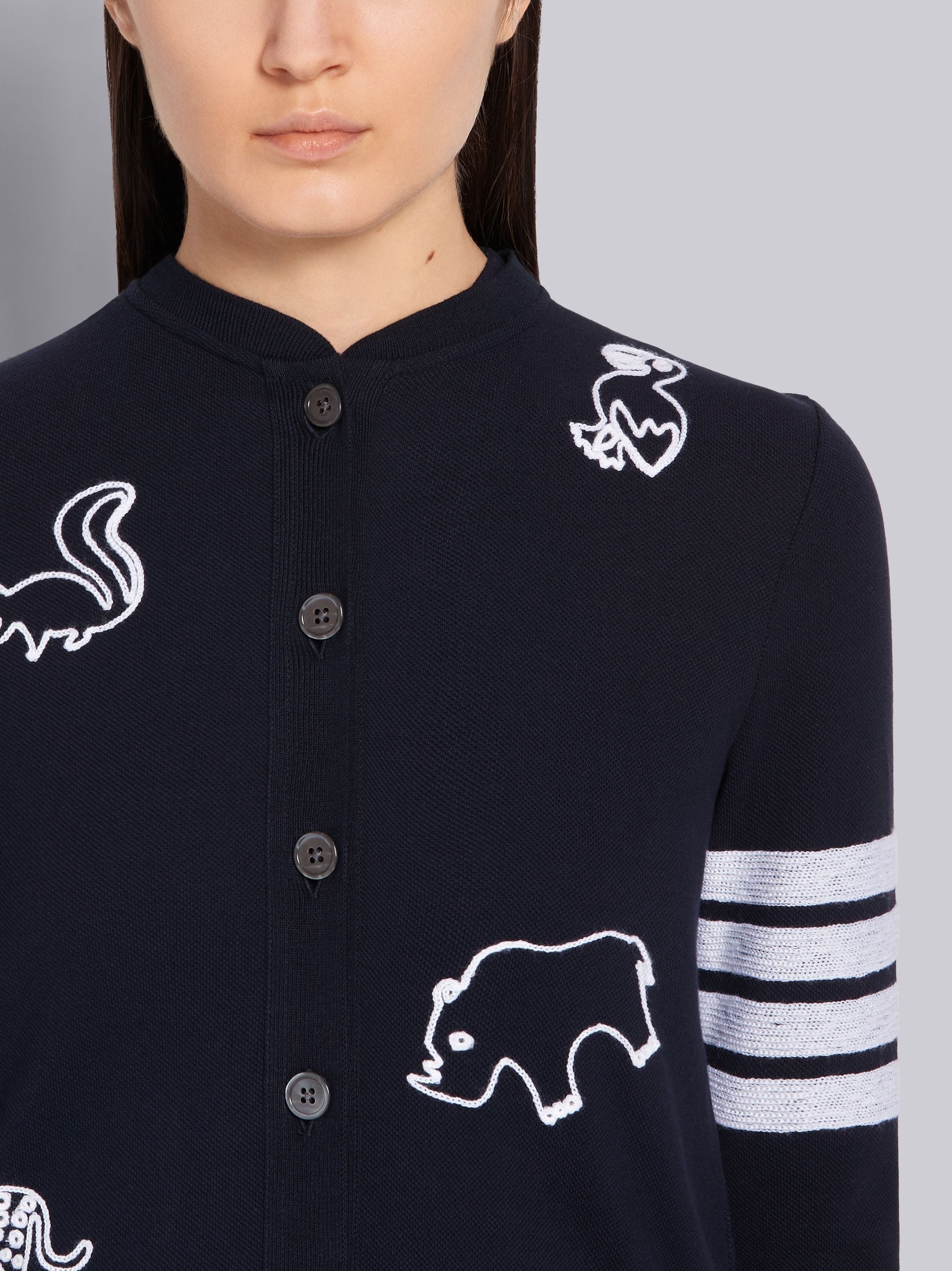 Navy Classic Cotton Pique Animal Icon Embroidery Crewneck 4-Bar Cardigan - 5