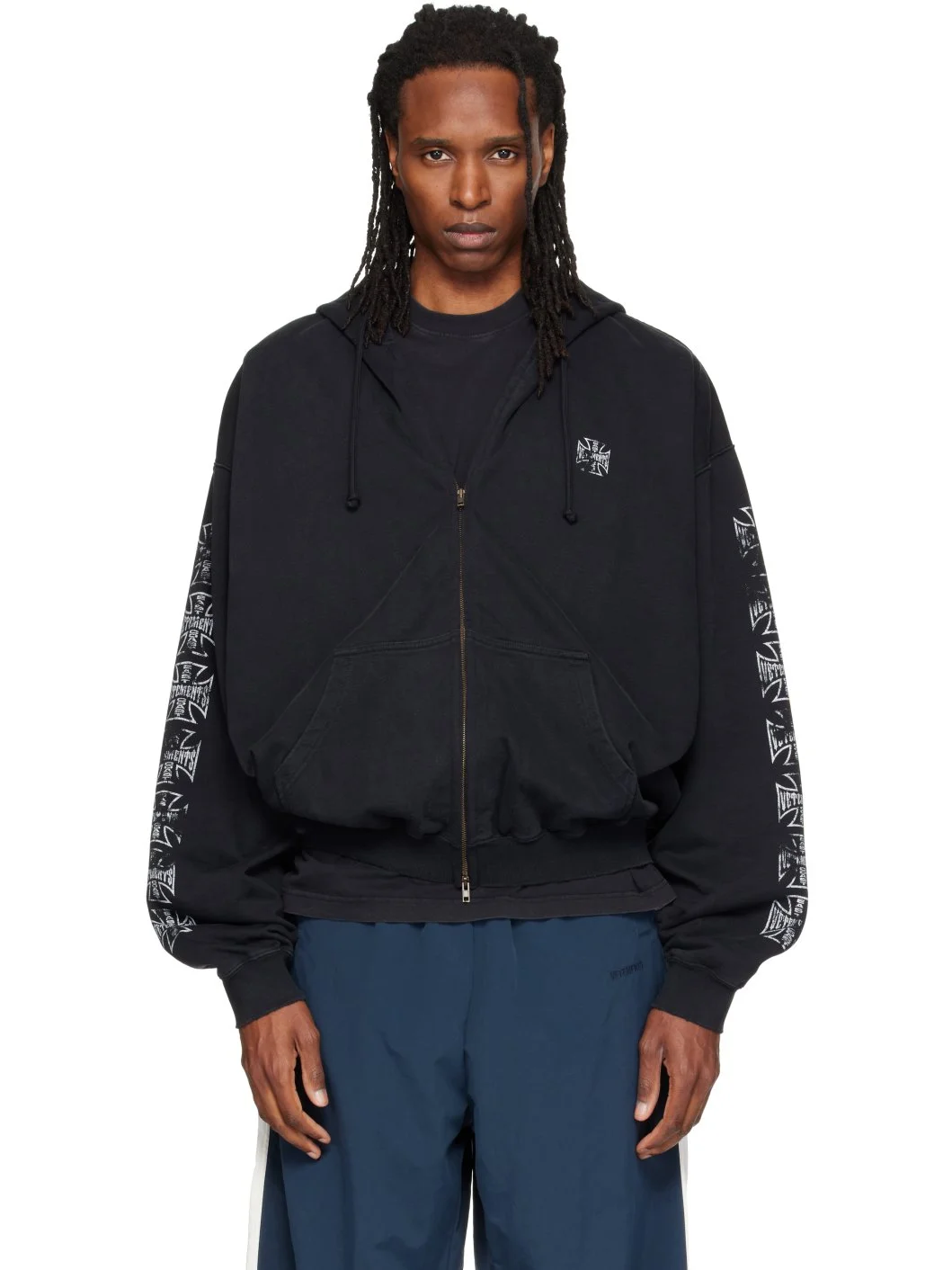 Black Biker Cross Logo Zip Up Hoodie - 1