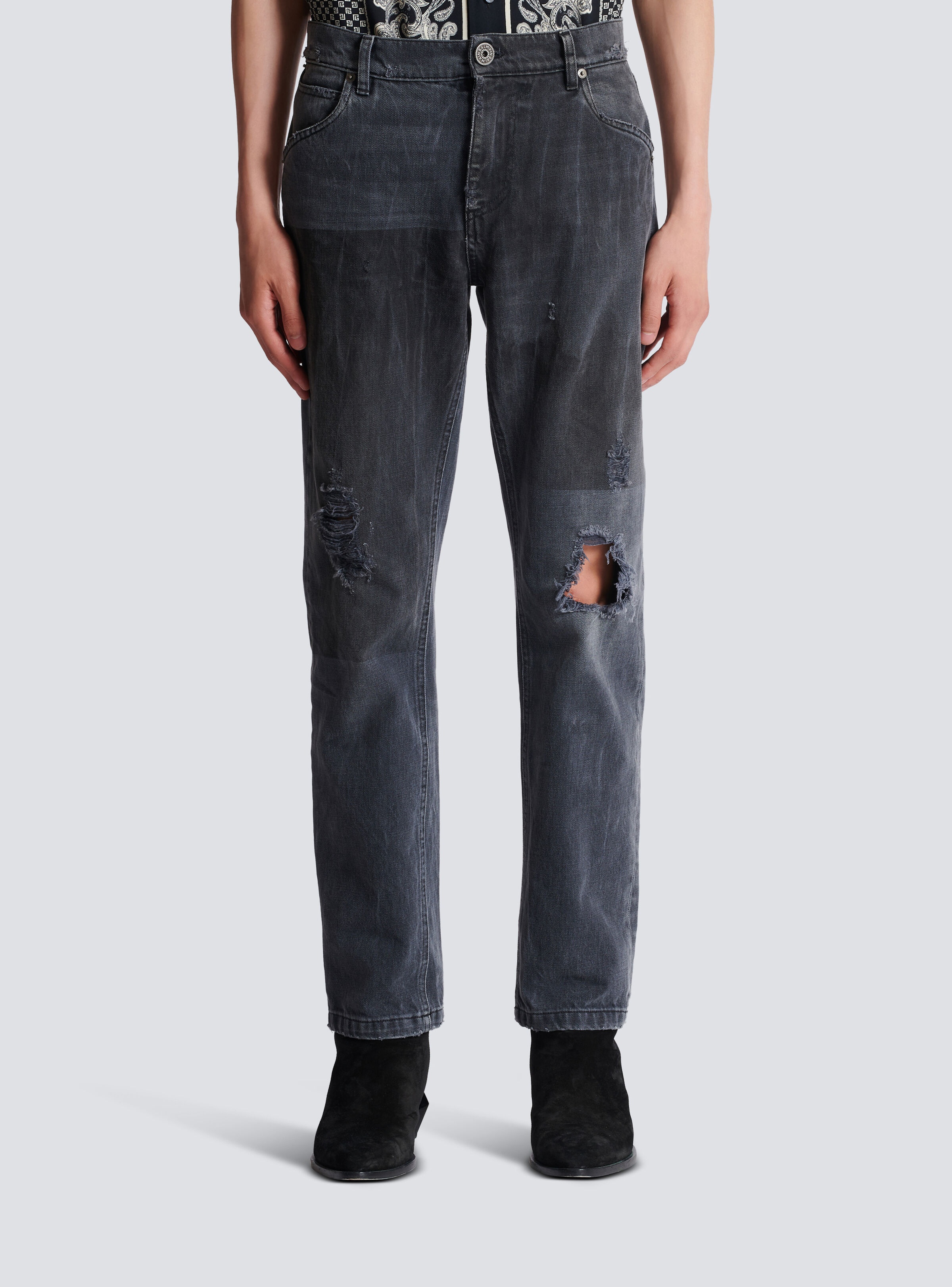 Faded denim patchwork jeans - 5