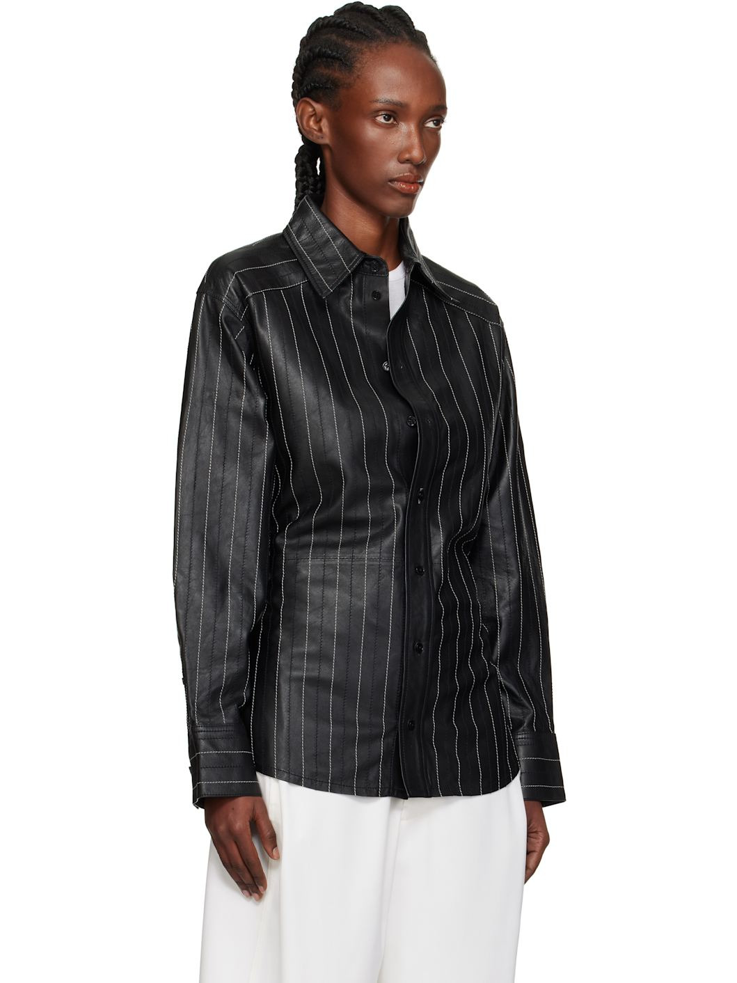 Black Tab Detail Leather Shirt - 2