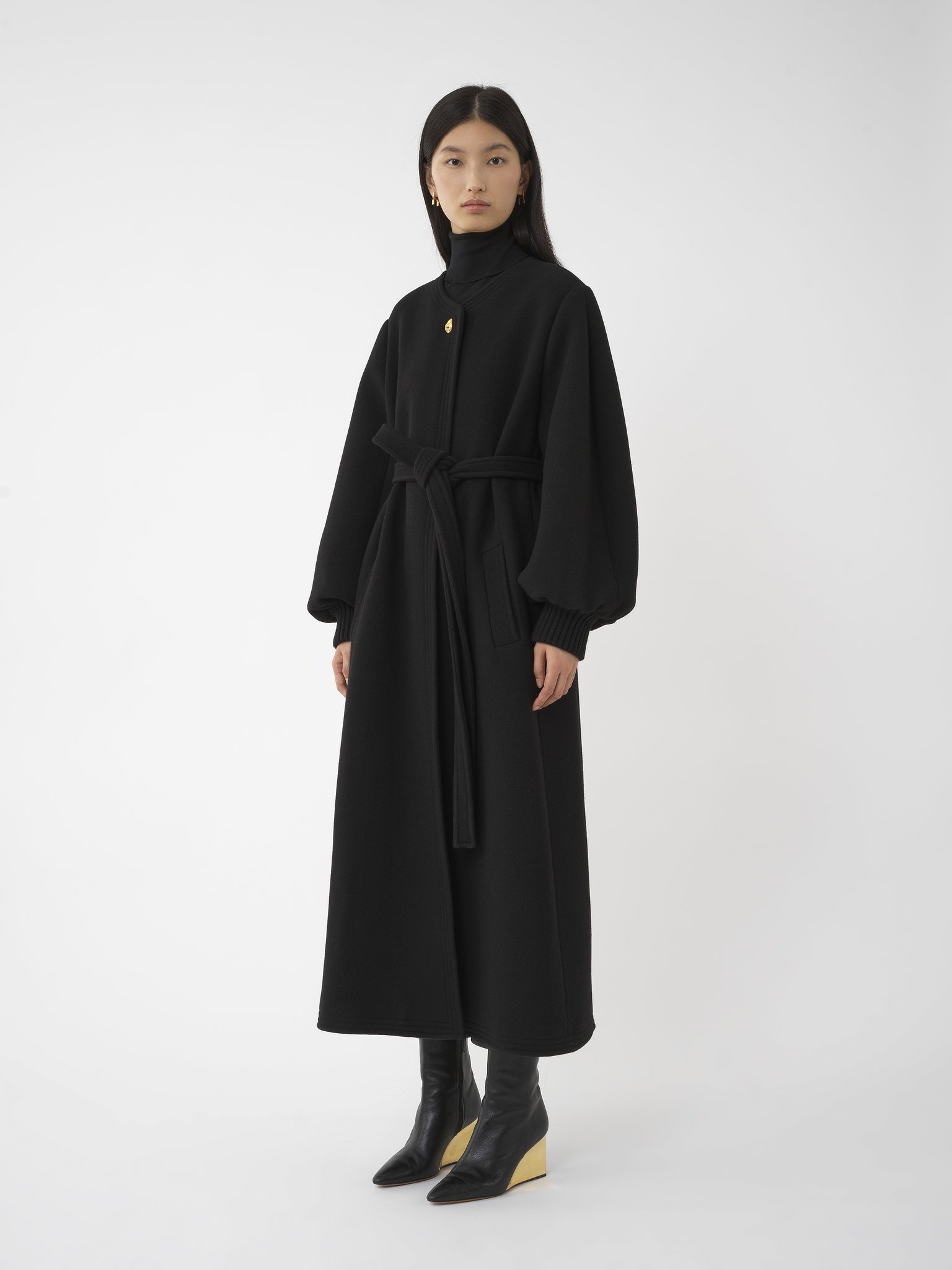 BALLOON-SLEEVE LONG WRAP COAT - 4