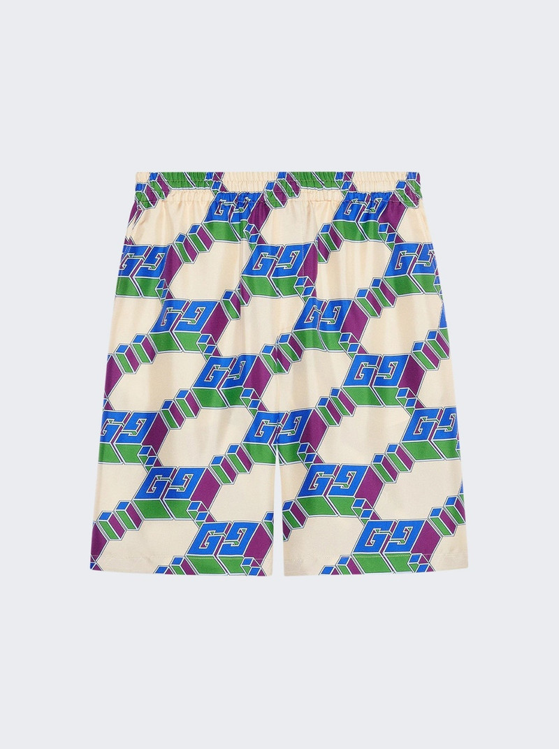 3d Gg Print Silk Shorts Ivory And Blue - 1