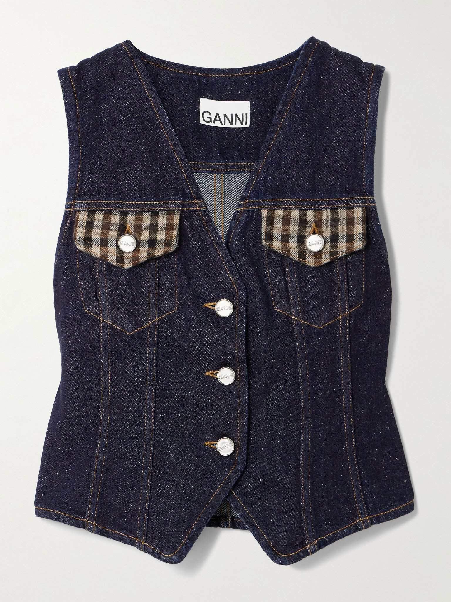 Neppy checked tweed-trimmed organic denim vest Dark denim - 1