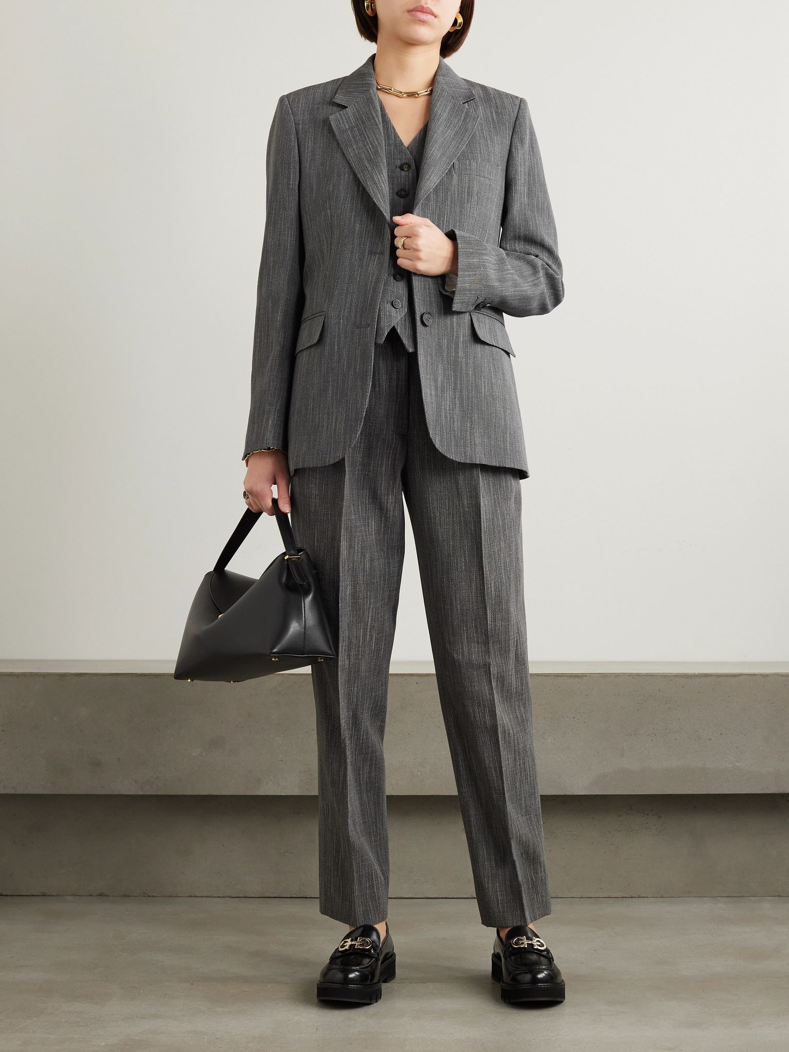 Pleated wool-blend straight-leg pants Brown - 2