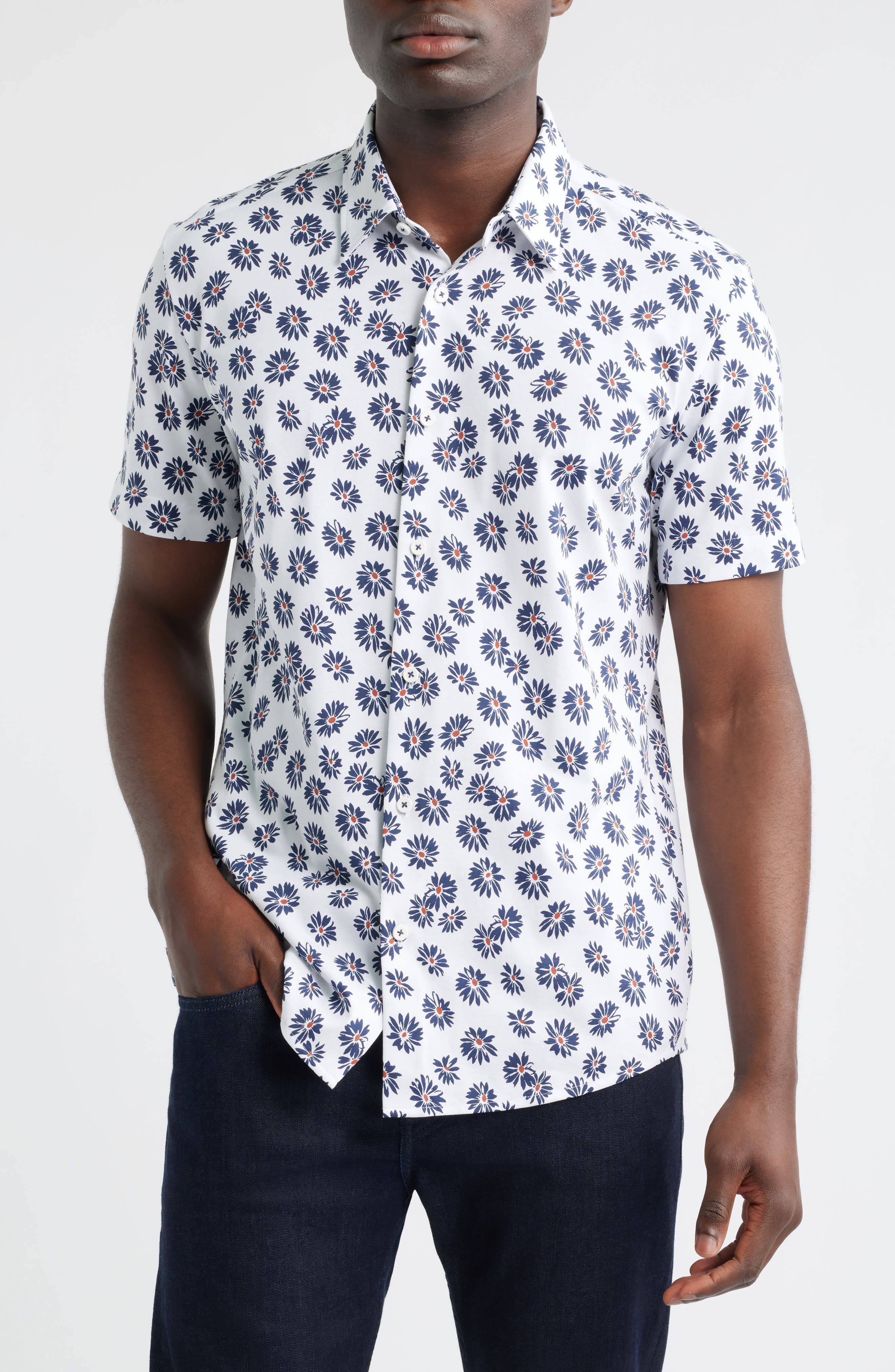BOSS Roan Ken Floral Short Sleeve Button-Up Shirt in Dark Blue at Nordstrom - 1