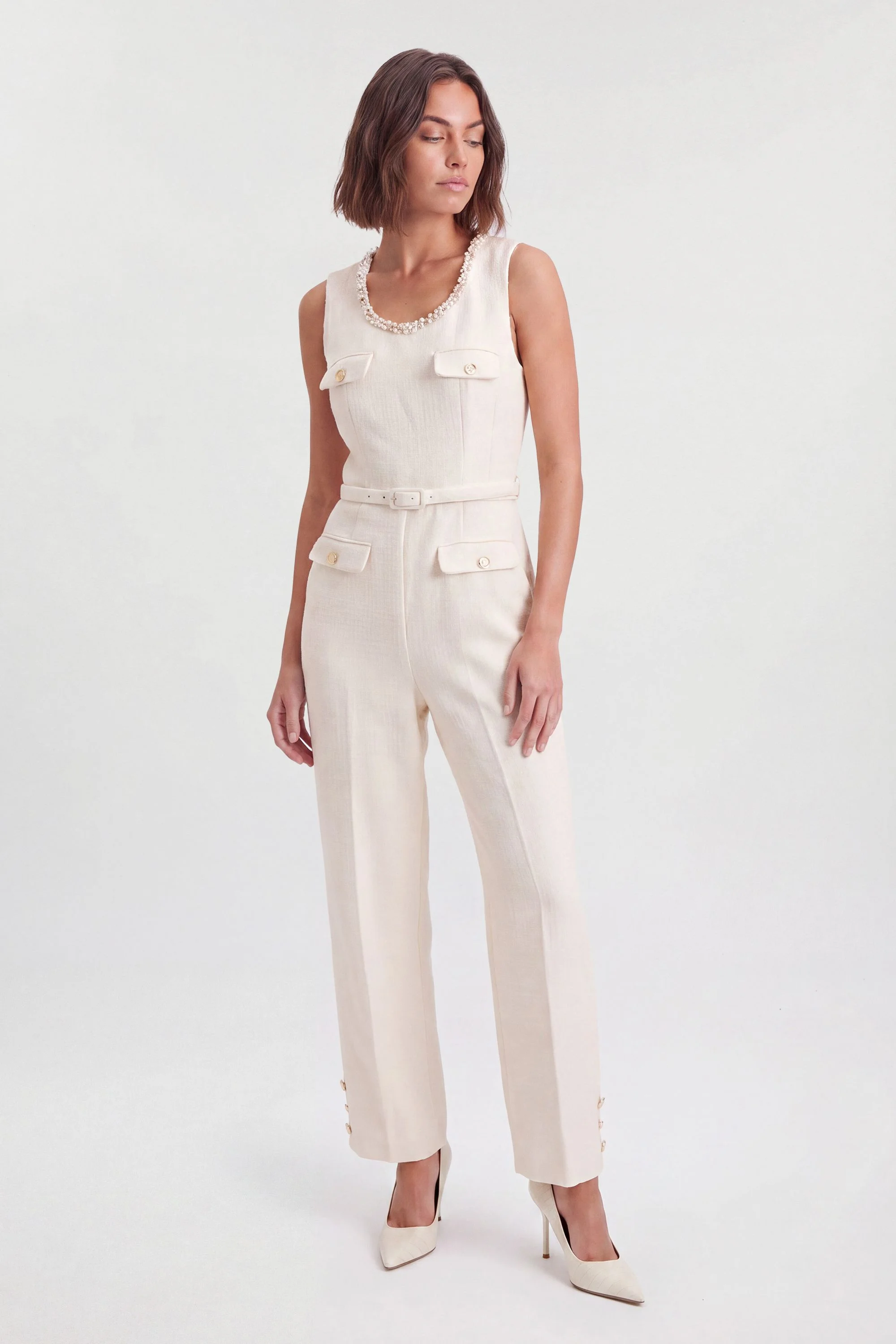 Tweed Embellished Trim Tailored Wide Leg Jumpsuit - 1