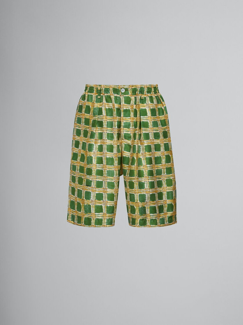 GREEN SILK TWILL SHORTS WITH CHECK FIELDS PRINT 1
