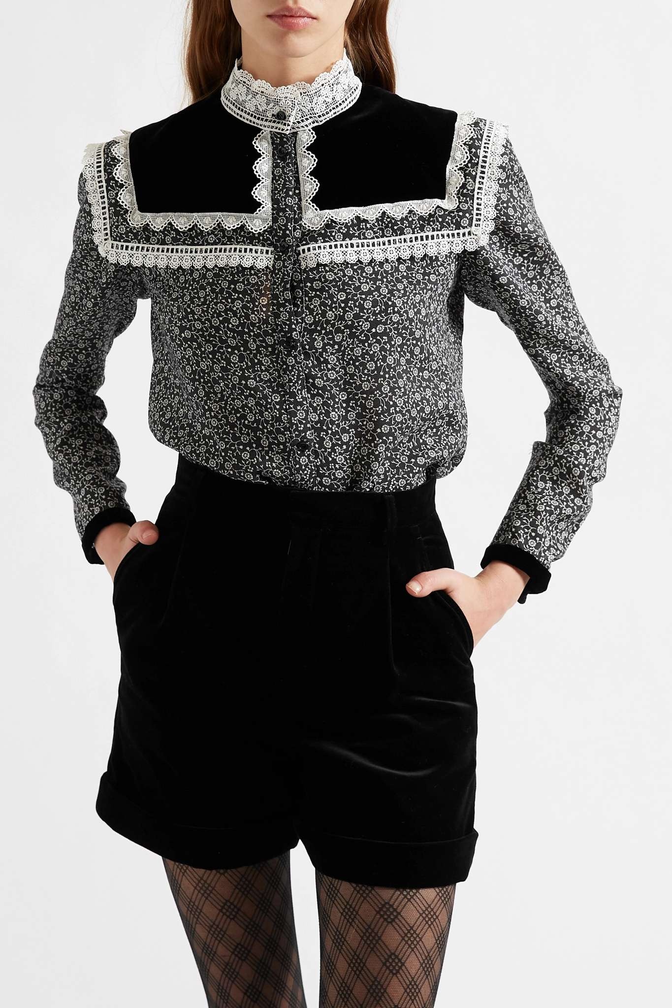 Lace-trimmed velvet and floral-print wool-twill blouse - 2