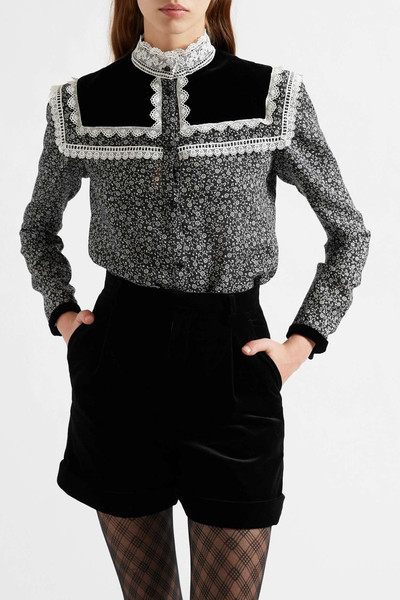 SAINT LAURENT Lace-trimmed velvet and floral-print wool-twill blouse outlook