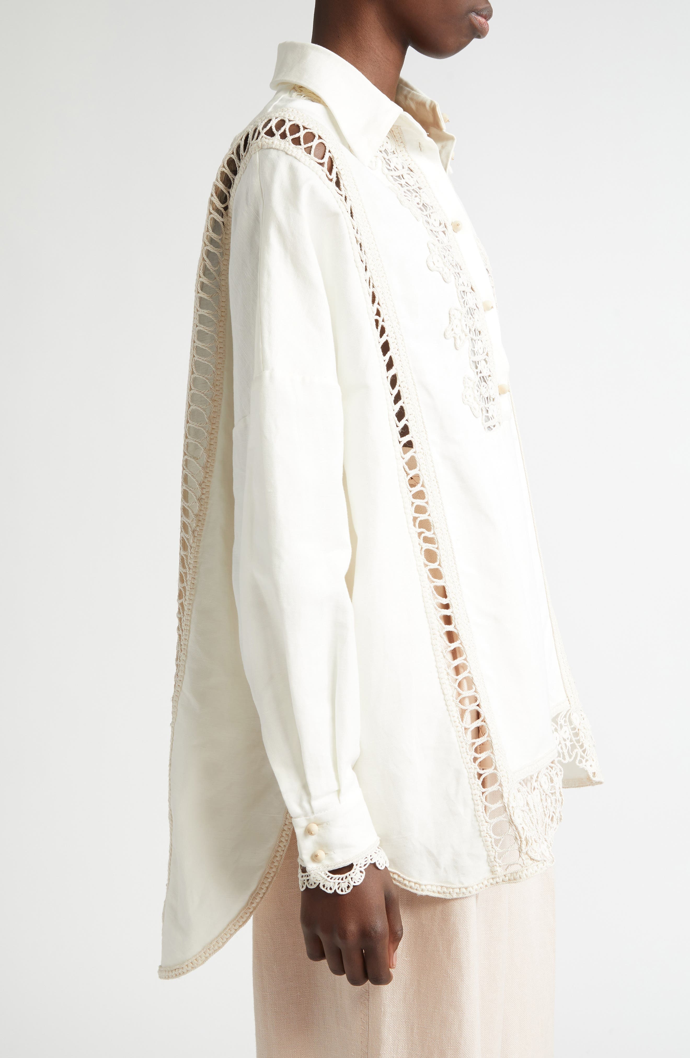 Zimmermann Macramé Lace Trim Linen Shirt in Cream at Nordstrom - 4