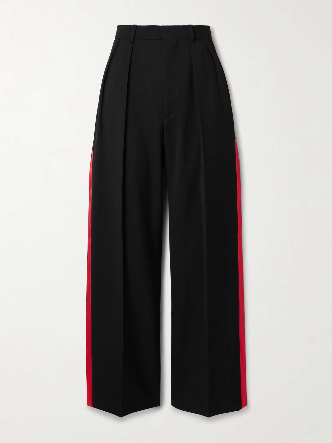 Pleated silk-satin trimmed wool-piqué wide-leg pants - 1