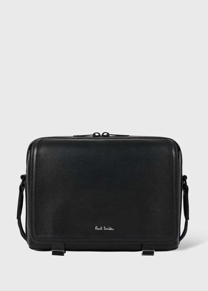 Black Straw-Grain Embossed Leather Messenger Bag 1