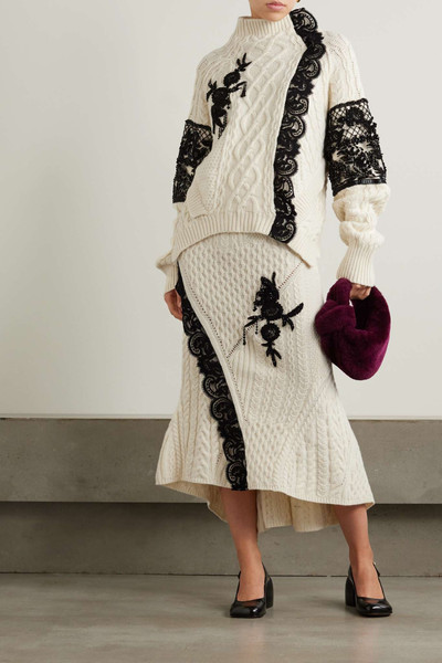 Erdem Lace-trimmed embellished cable-knit wool-blend midi skirt outlook