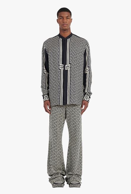 Oversized ivory and black cuprammonium rayon shirt with Balmain monogram print - 4