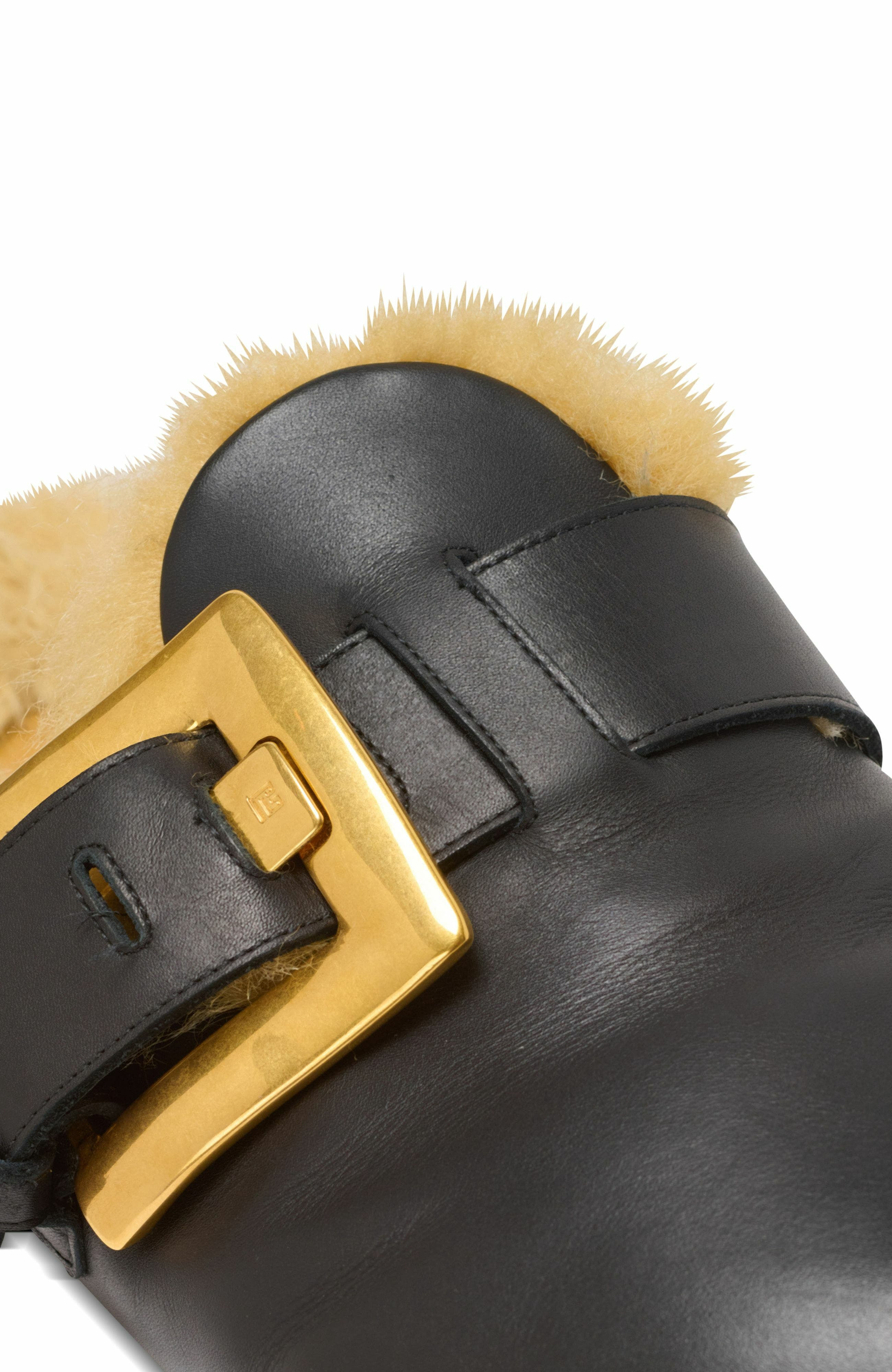 Balmain Flat leather and faux fur mules in Black at Nordstrom - 7