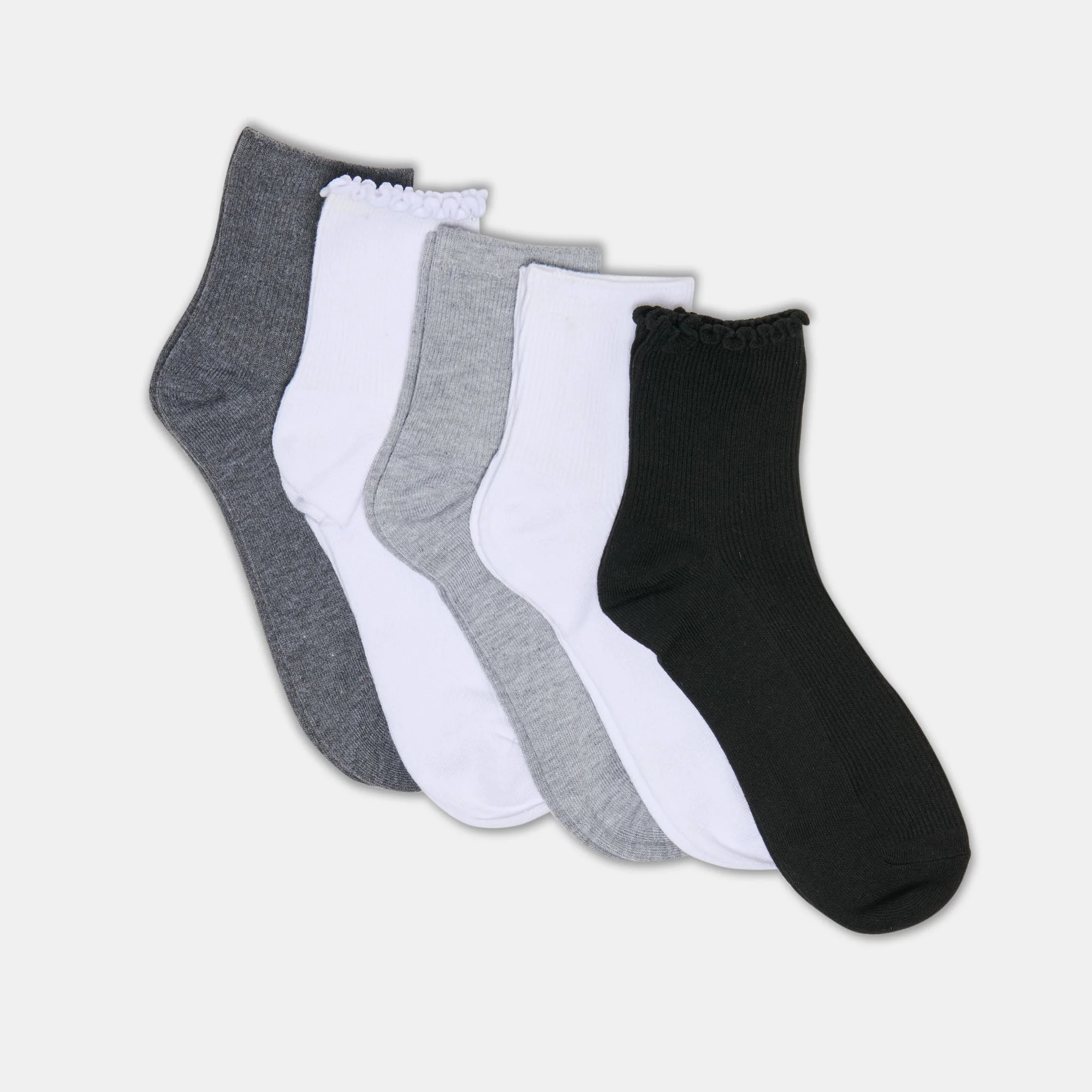 5 PACK LETTUCE EDGE ANKLET SOCKS WHITE GREY - 1