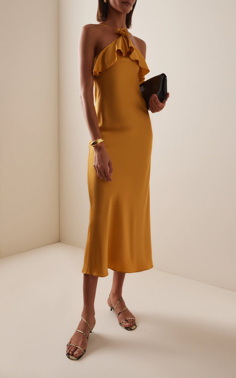 RODARTE Exclusive Ruffled Silk-Satin Halter Slip Dress gold outlook