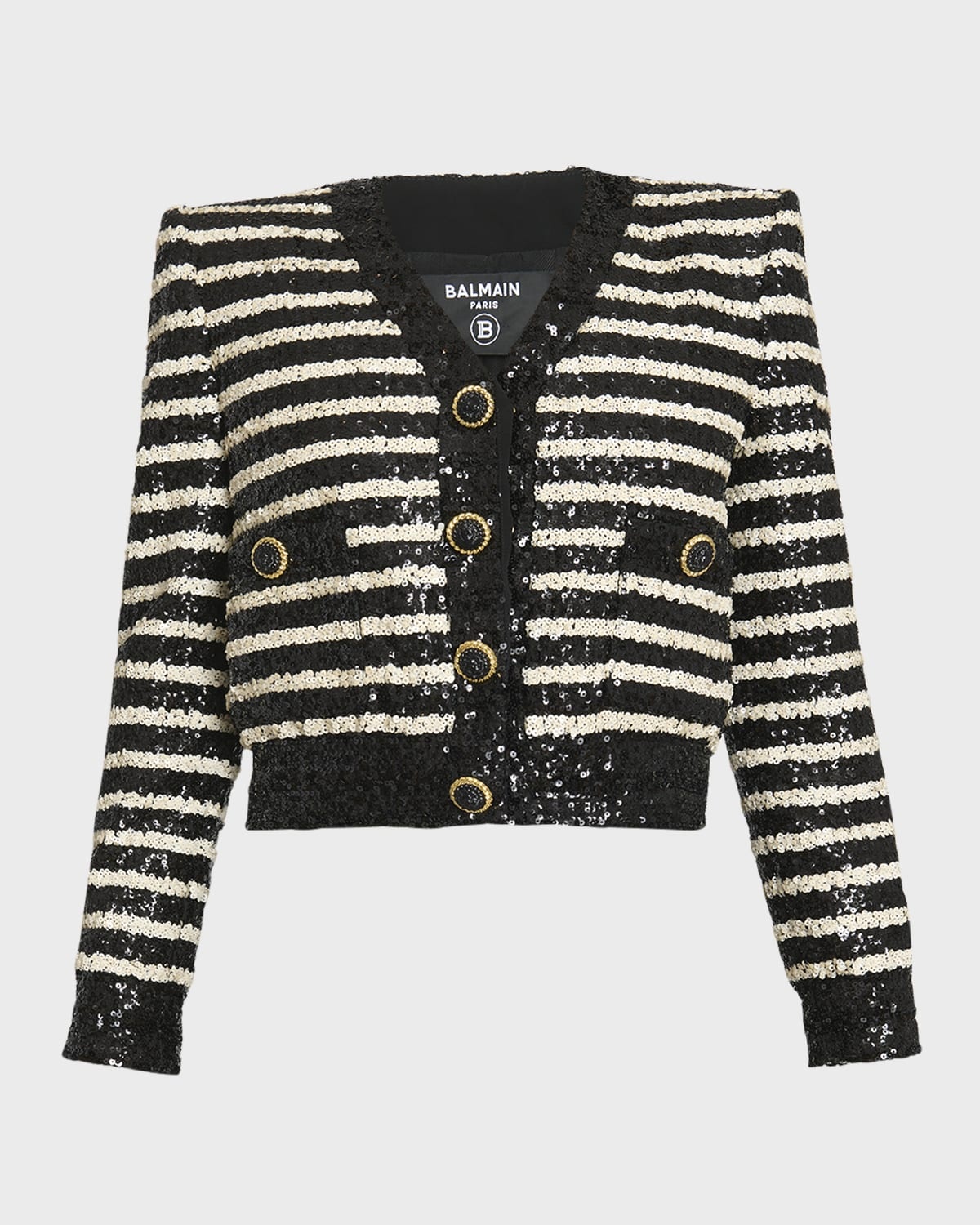 Striped Sequined Crop Jacket with Button Details - 1