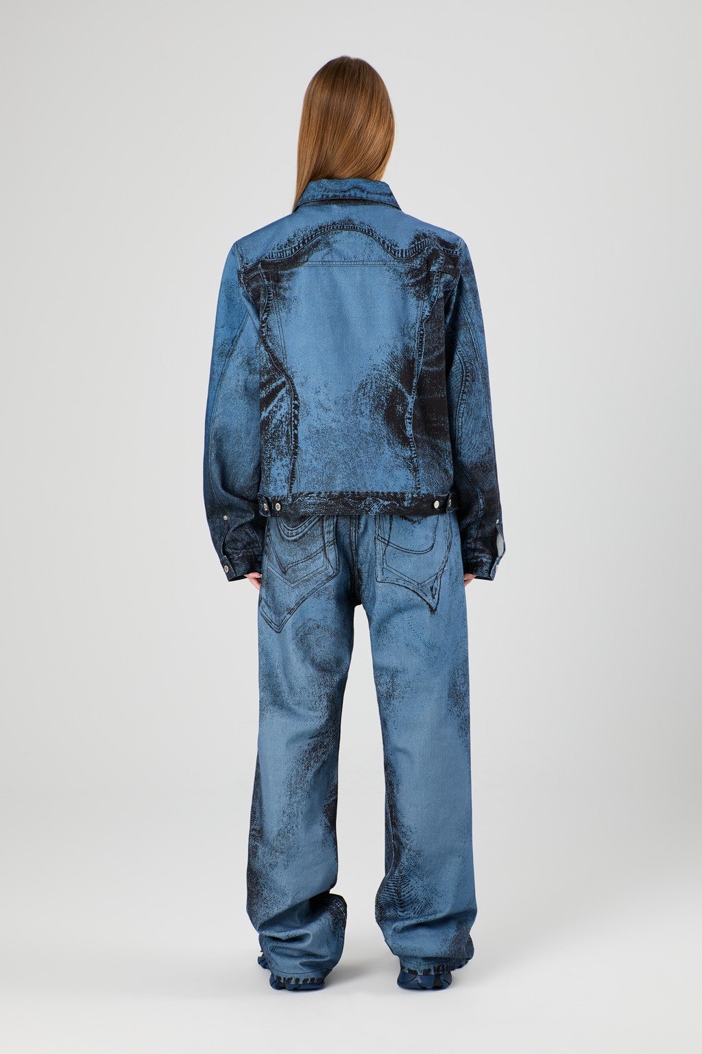 Dark Blue-Black Distorted Print Denim Jacket - 5
