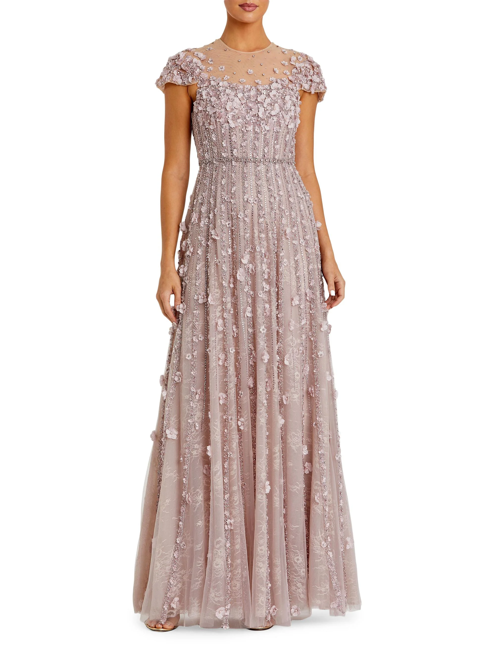 Women's Embellished Illusion-Neck Mesh Evening Gown - Vintage Lilac - 1