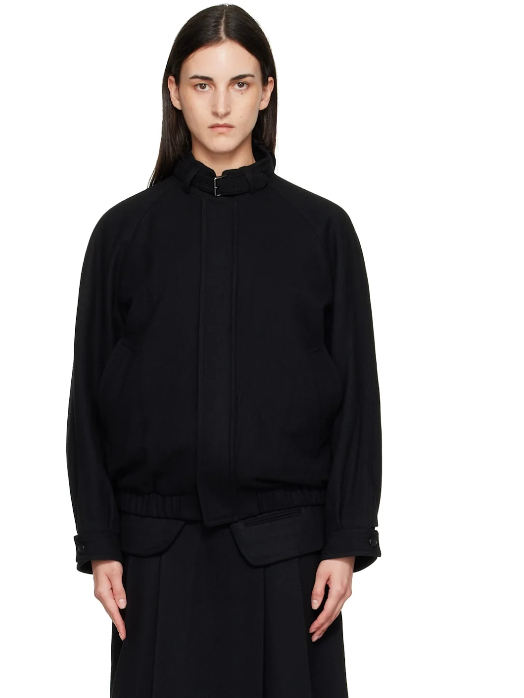 Black Wool Flannel Belted Stand Collar Bomber jacket - 1